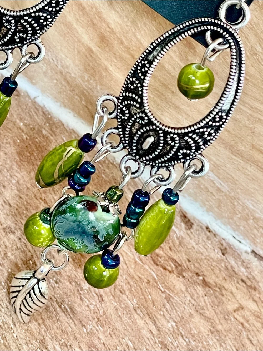 Handcrafted Olive Green Boho Beaded Dangle Earrings with Silver Filigree